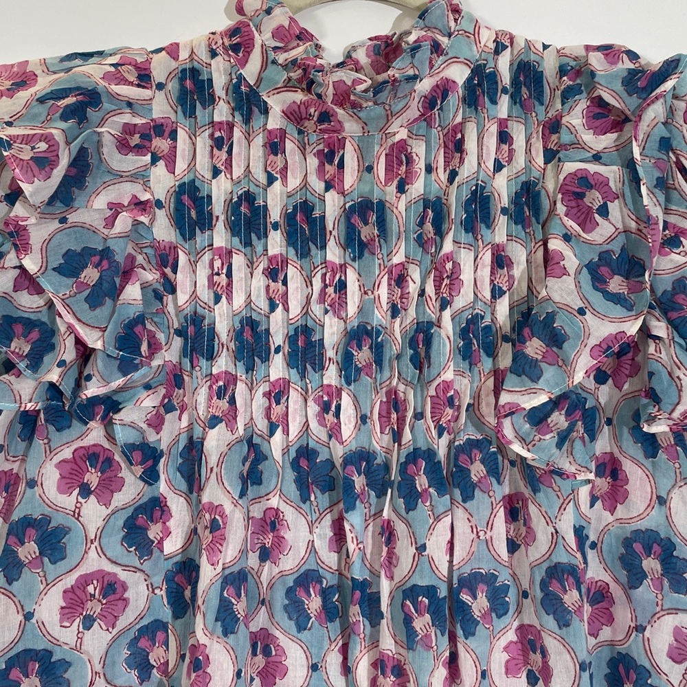 Oliphant Pintuck Ruffle Top Blouse XS 100% Cotton Pink Blue Print EUC - Picture 4 of 12
